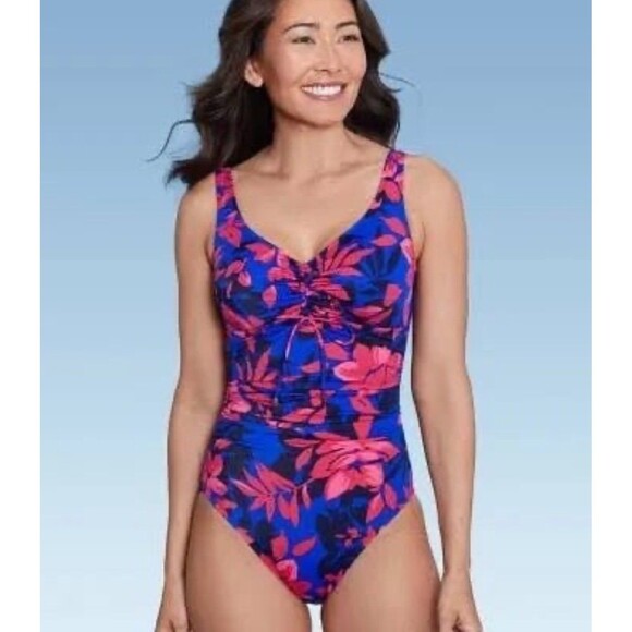 NWT UPF 50 Aqua Green Cinch Front Floral One Piece Swimsuit - Picture 1 of 3